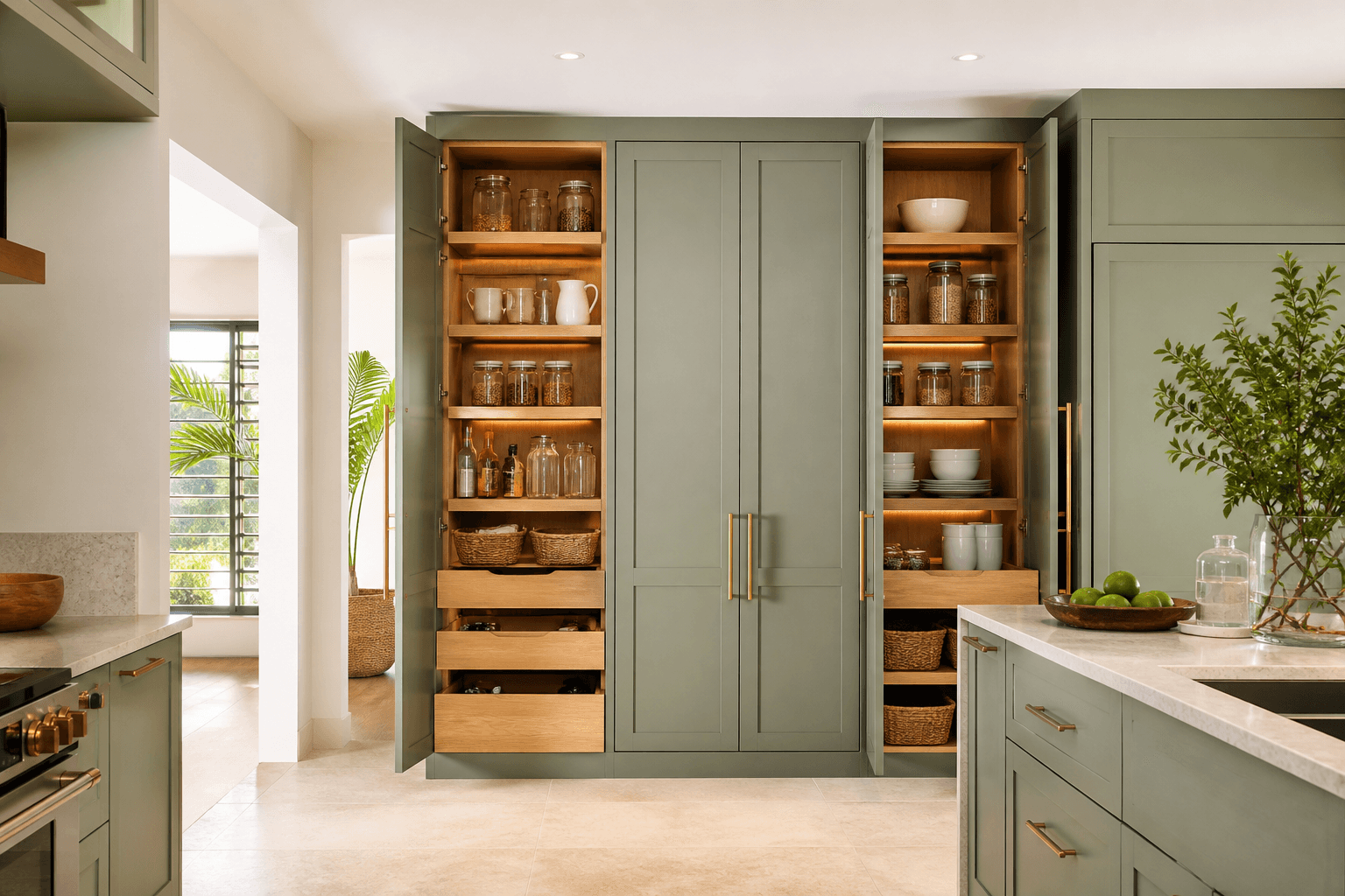 Sage green custom pantry with warm oak interiors